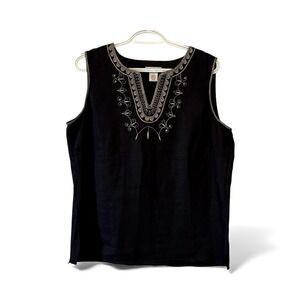 Laura Ashley Black Linen Sleeveless Embroidered V Neck Tunic Top Size 12